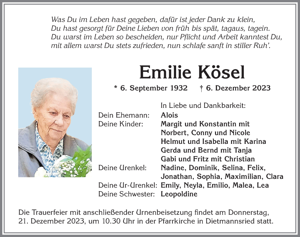 Traueranzeige von Emilie Kösel von Allgäuer Zeitung,Kempten