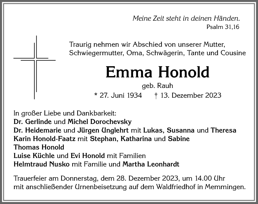 Traueranzeige von Emma Honold von Memminger Zeitung