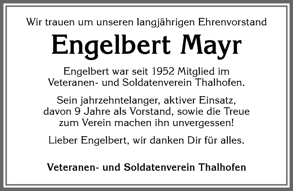 Traueranzeige von Engelbert Mayr von Allgäuer Zeitung, Marktoberdorf