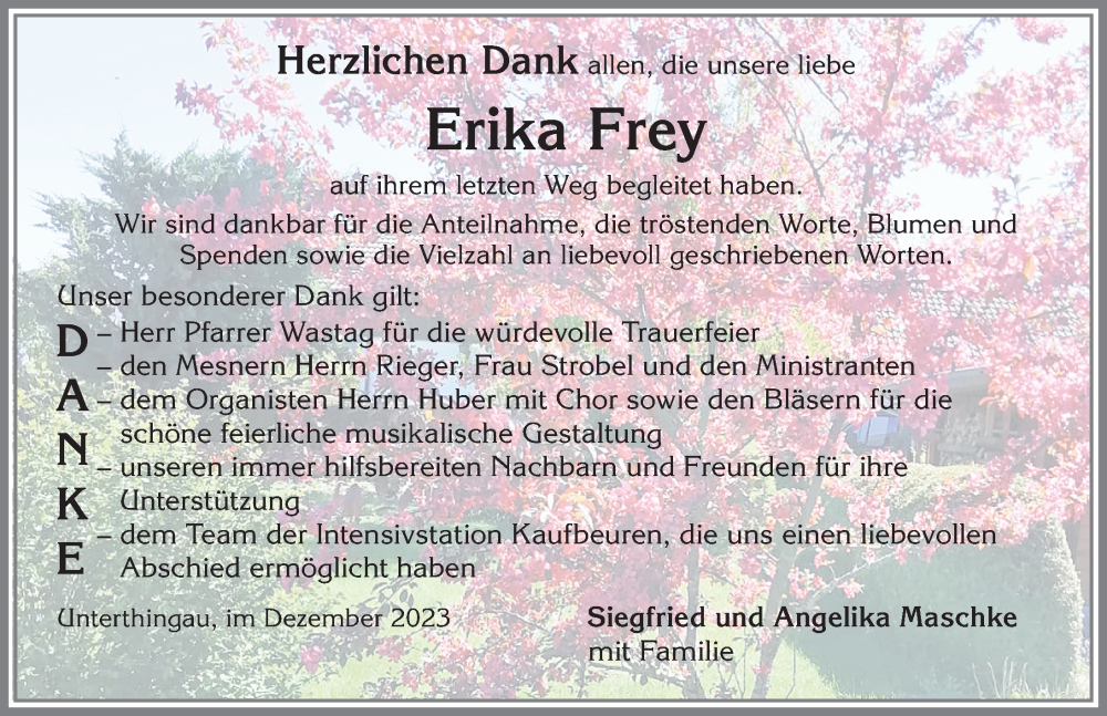 Traueranzeige von Erika Frey von Allgäuer Zeitung, Marktoberdorf