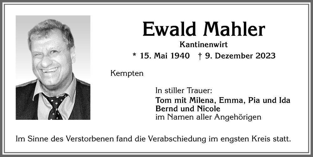 Traueranzeige von Ewald Mahler von Allgäuer Zeitung,Kempten