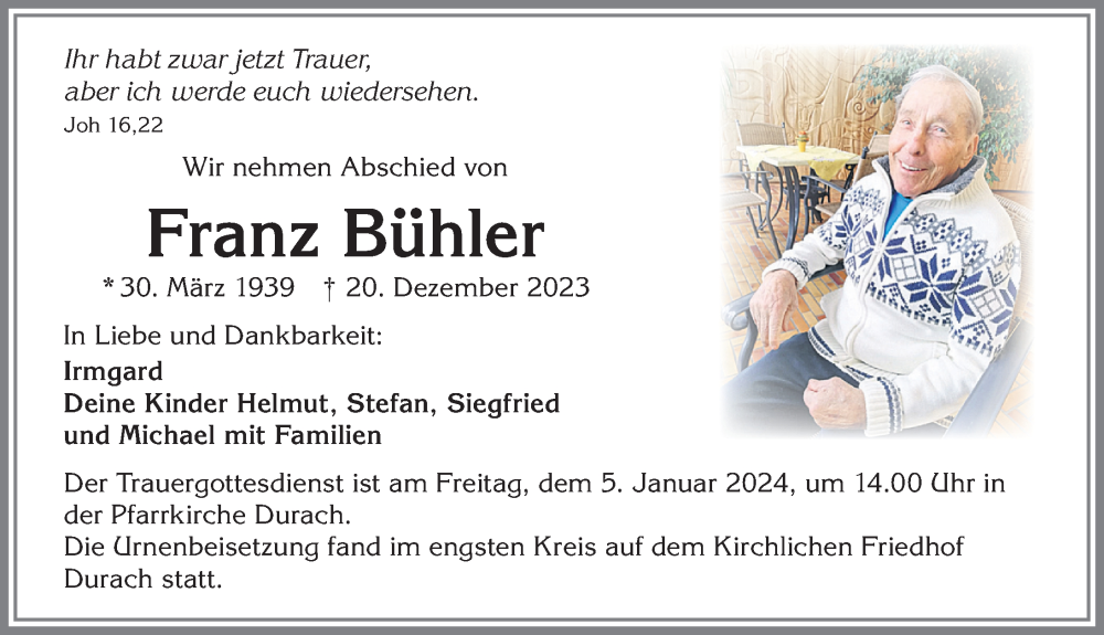 Traueranzeige von Franz Bühler von Allgäuer Zeitung, Füssen