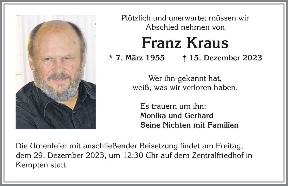 Traueranzeige von Franz Kraus von Der Westallgäuer