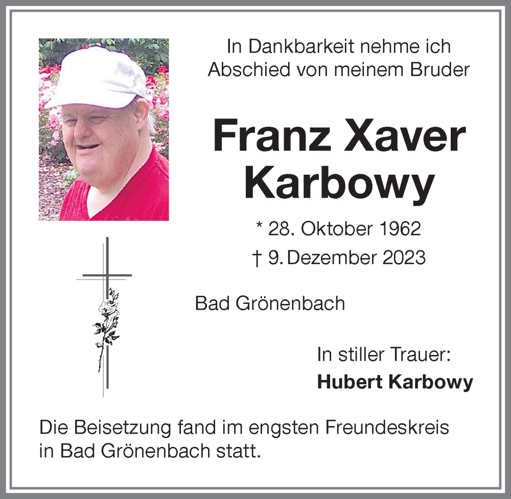 Traueranzeige von Franz Xaver Karbowy von Memminger Zeitung