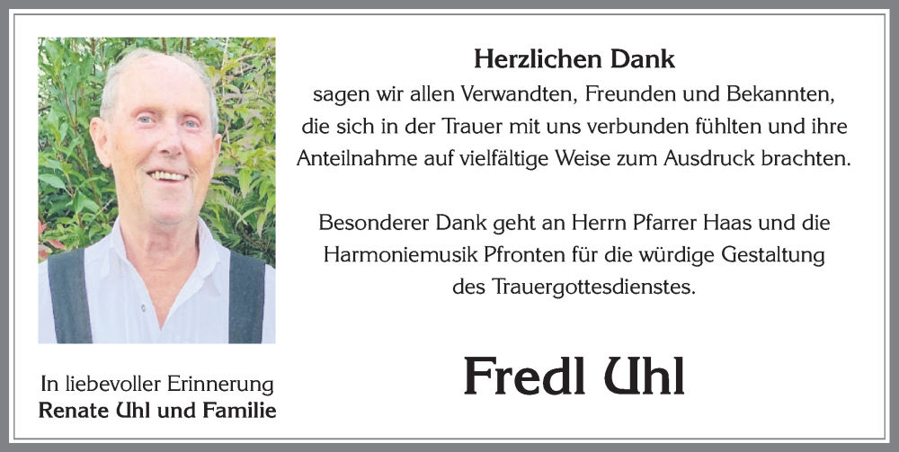 Traueranzeige von Fredl Uhl von Allgäuer Zeitung, Füssen