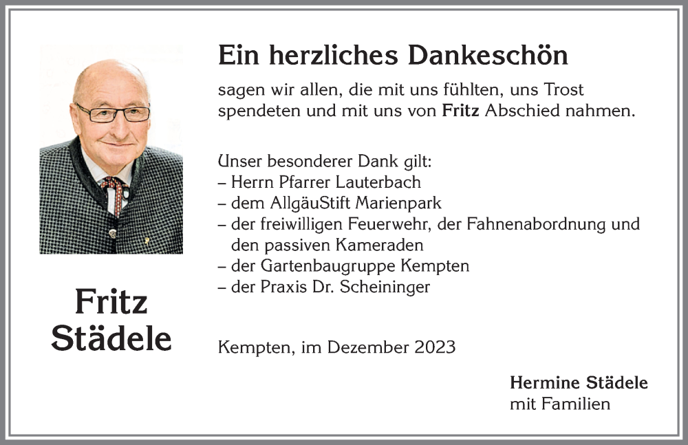 Traueranzeige von Fritz Städele von Allgäuer Zeitung,Kempten