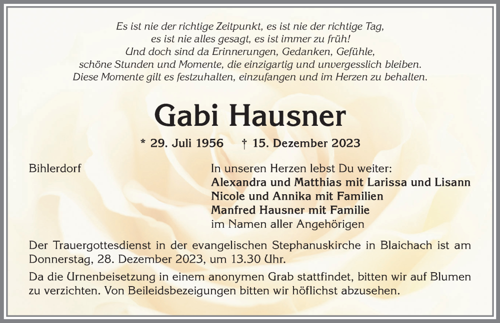 Traueranzeige von Gabi Hausner von Allgäuer Anzeigeblatt