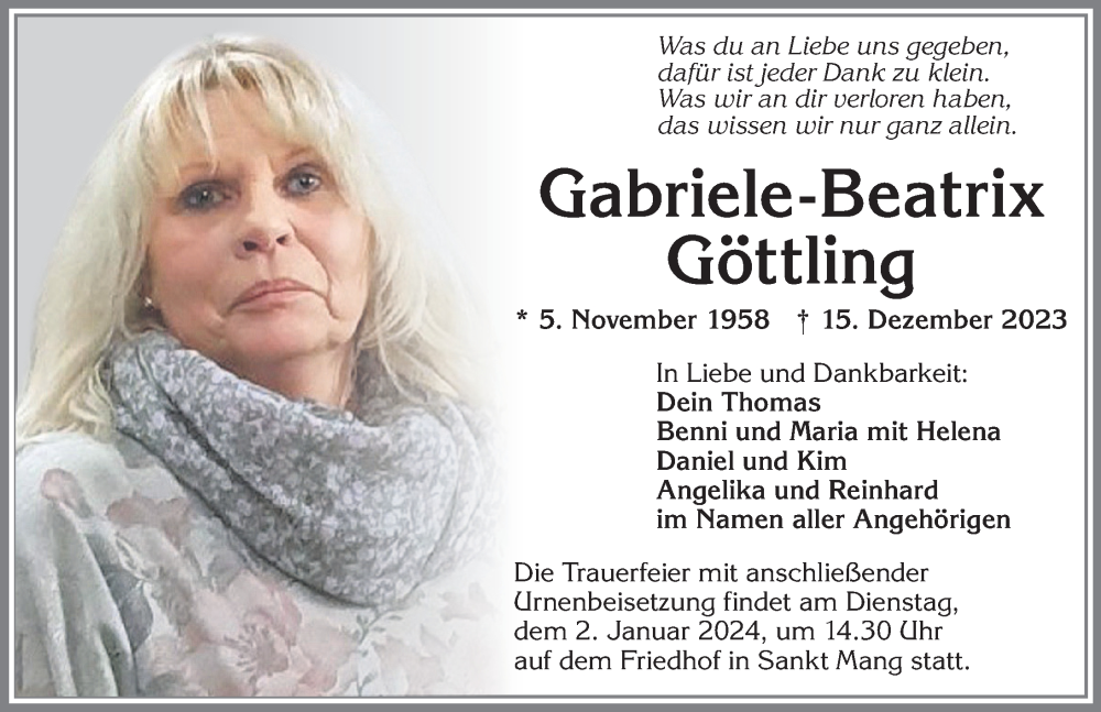 Traueranzeige von Gabriele-Beatrix Göttling von Allgäuer Zeitung,Kempten