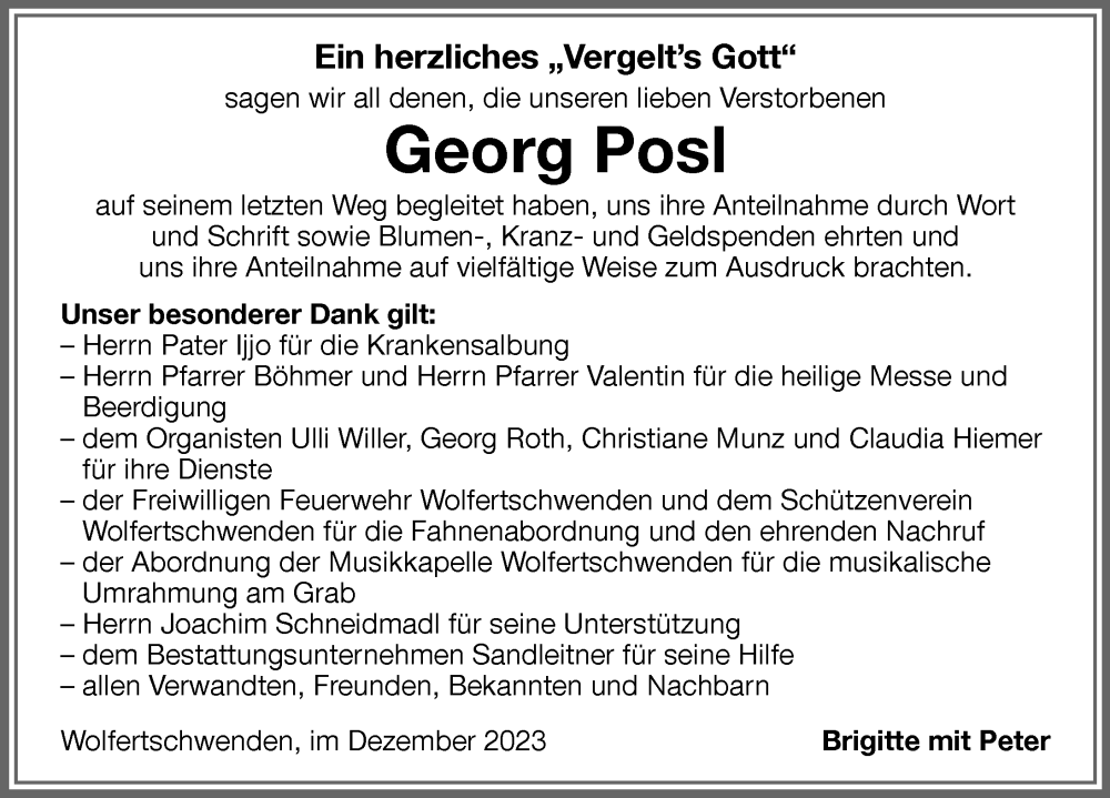 Traueranzeige von Georg Posl von Memminger Zeitung