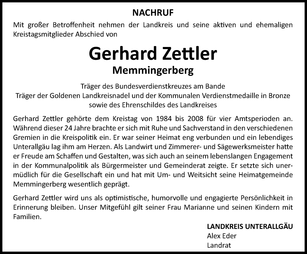  Traueranzeige für Gerhard Zettler vom 01.12.2023 aus Augsburger Allgemeine, Mindelheimer Zeitung