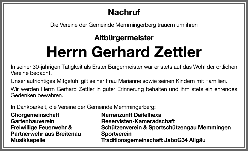 Traueranzeige von Gerhard Zettler von Memminger Zeitung