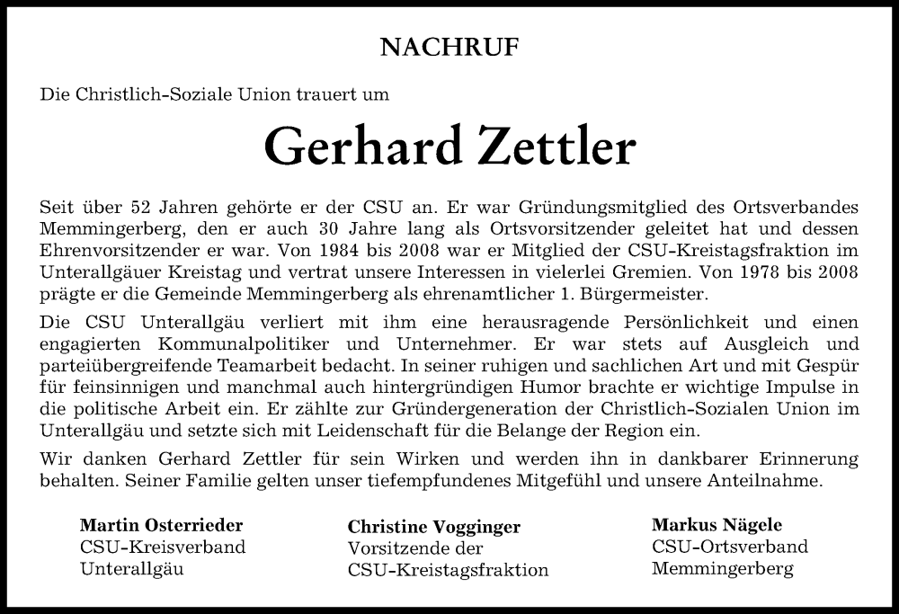 Traueranzeige von Gerhard Zettler von Memminger Zeitung