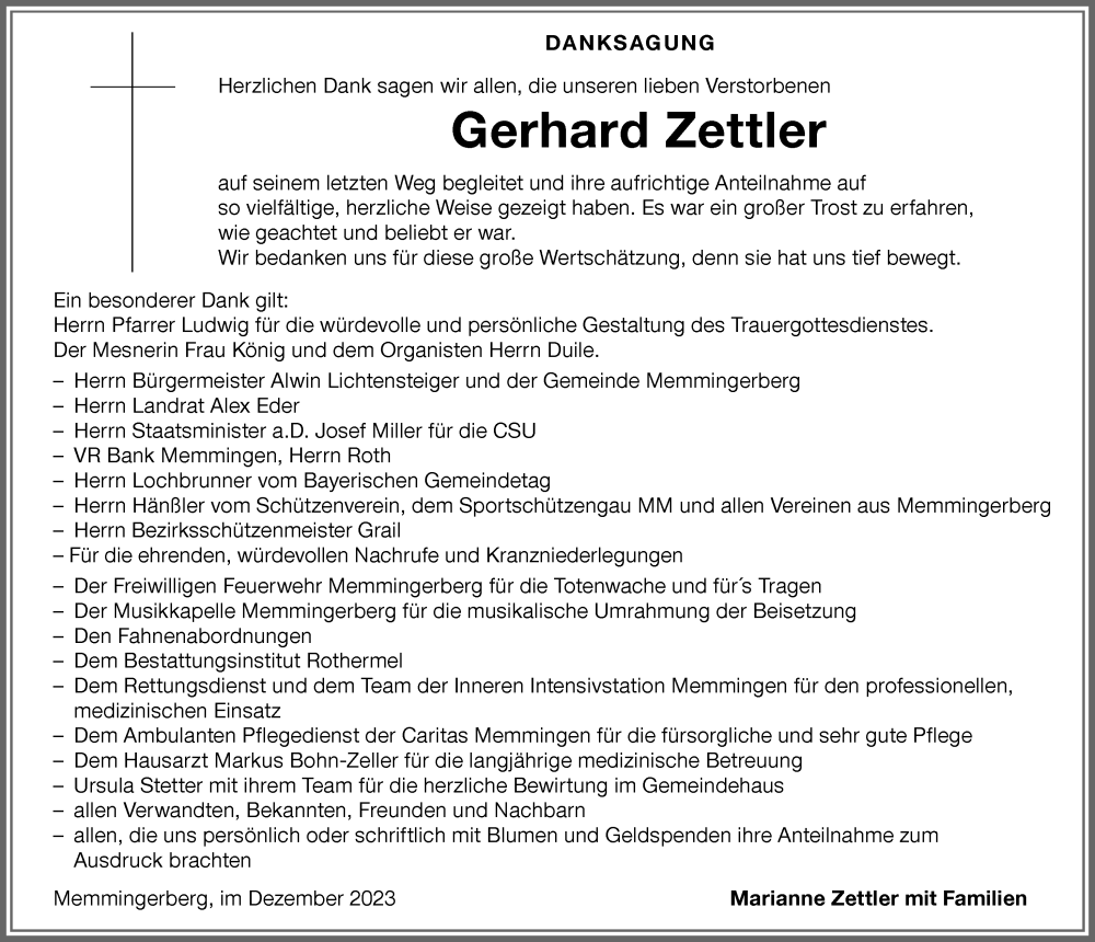 Traueranzeige von Gerhard Zettler von Memminger Zeitung