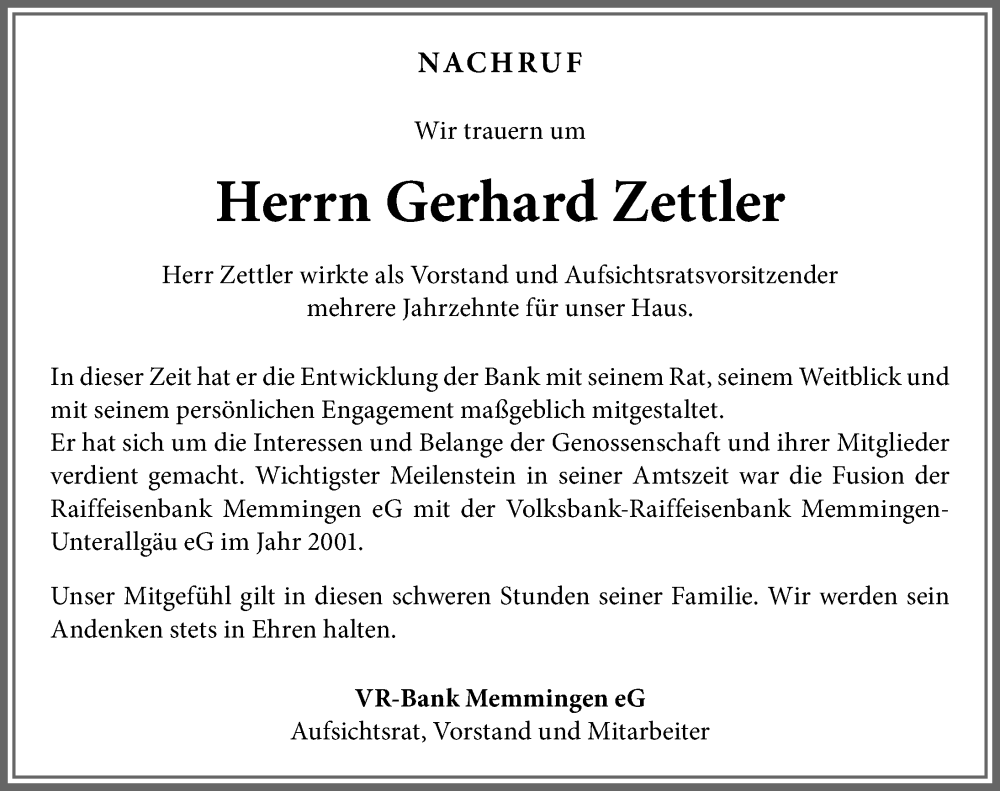 Traueranzeige von Gerhard Zettler von Memminger Zeitung