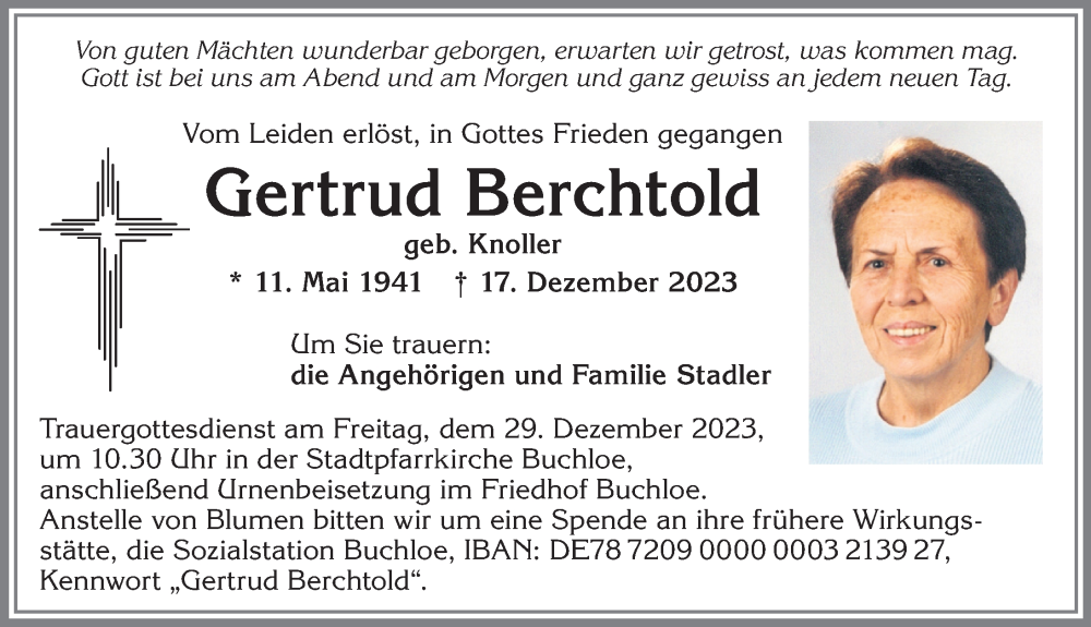 Traueranzeige von Gertrud Berchtold von Allgäuer Zeitung, Kaufbeuren/Buchloe