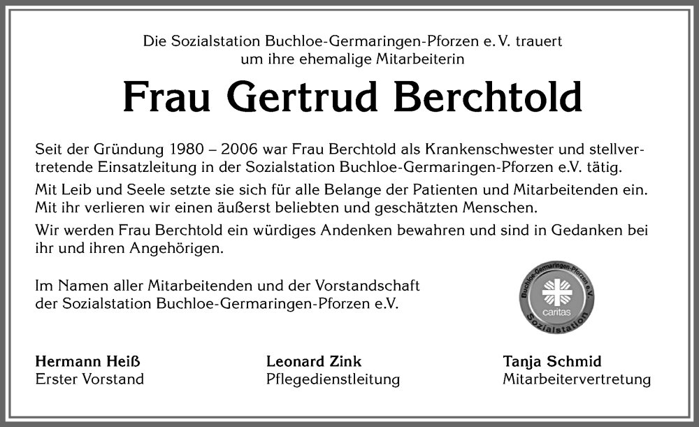 Traueranzeige von Gertrud Berchtold von Allgäuer Zeitung, Kaufbeuren/Buchloe