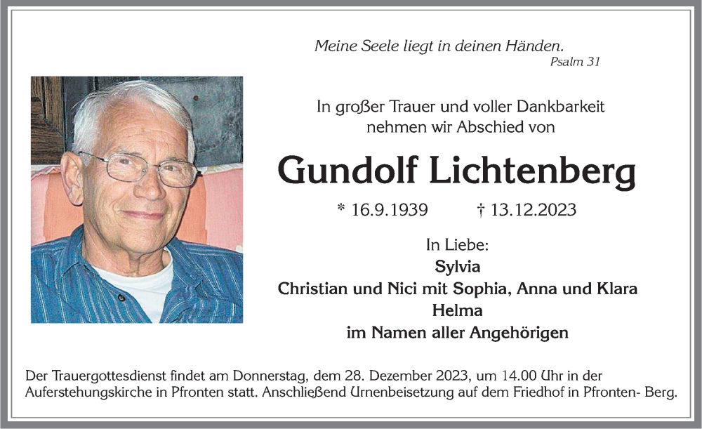 Traueranzeige von Gundolf Lichtenberg von Allgäuer Zeitung, Füssen