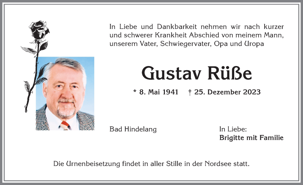 Traueranzeige von Gustav Rüße von Allgäuer Anzeigeblatt