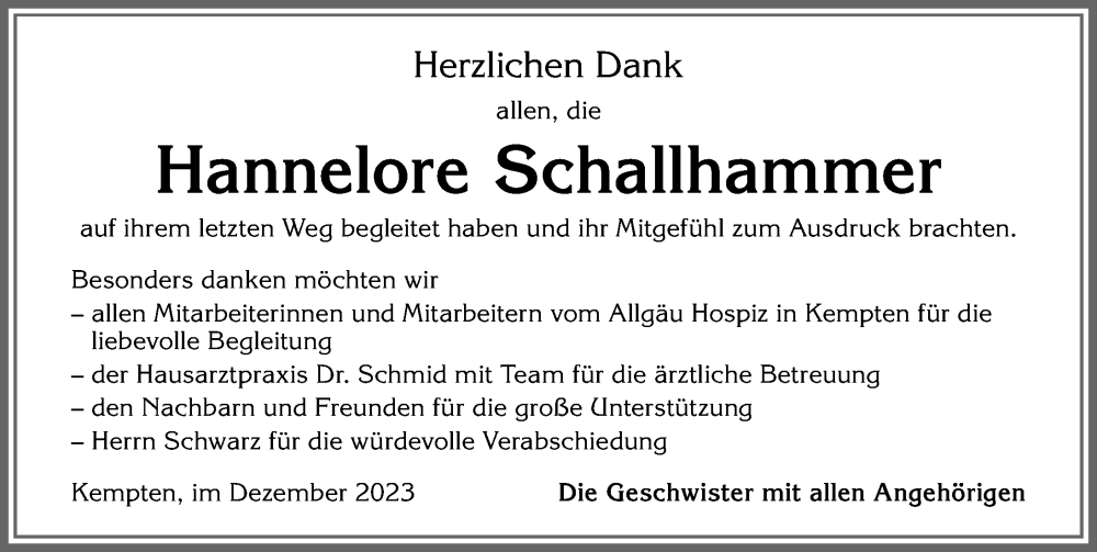 Traueranzeige von Hannelore Schallhammer von Allgäuer Zeitung,Kempten