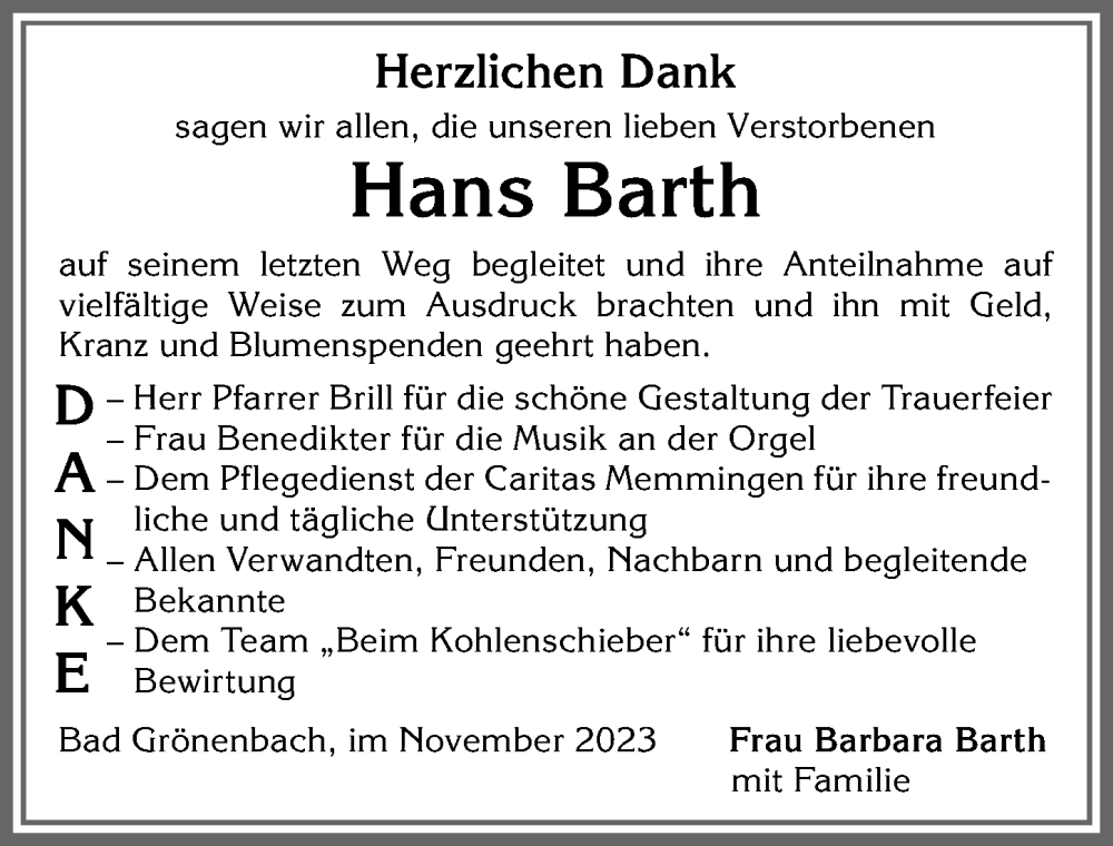 Traueranzeige von Hans Barth von Memminger Zeitung