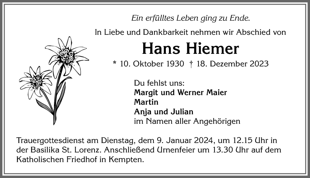 Traueranzeige von Hans Hiemer von Allgäuer Zeitung,Kempten