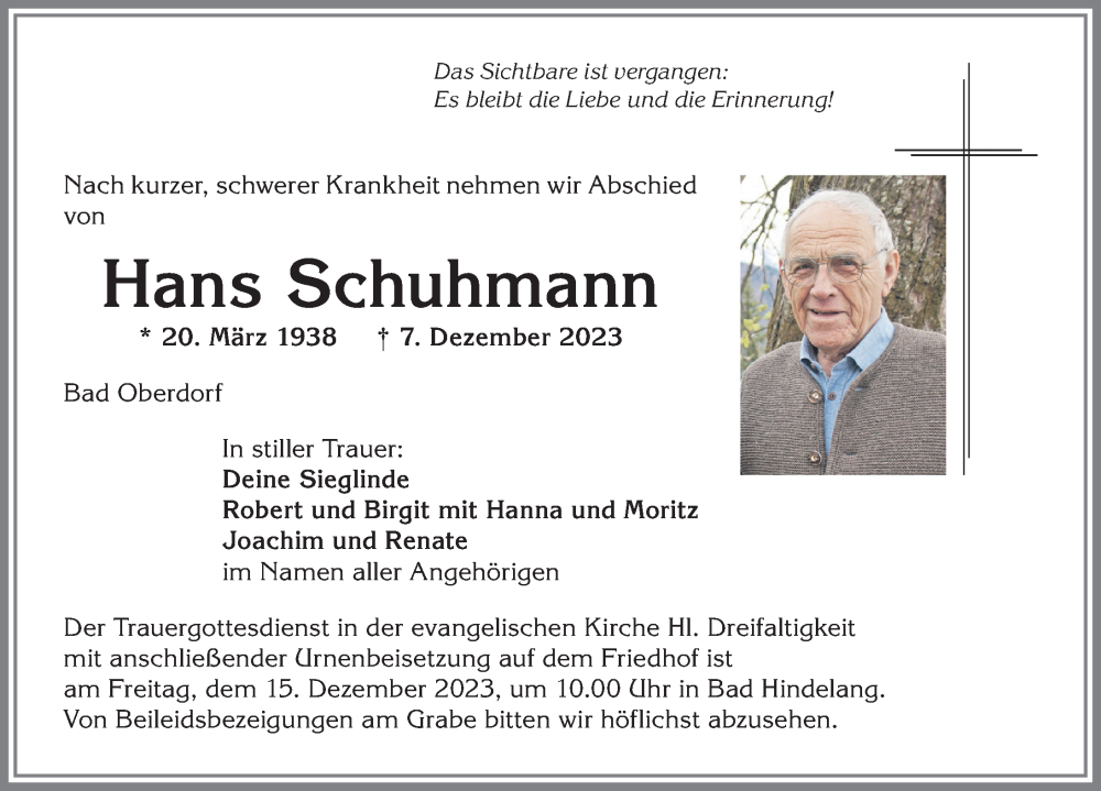 Traueranzeige von Hans Schuhmann von Allgäuer Anzeigeblatt