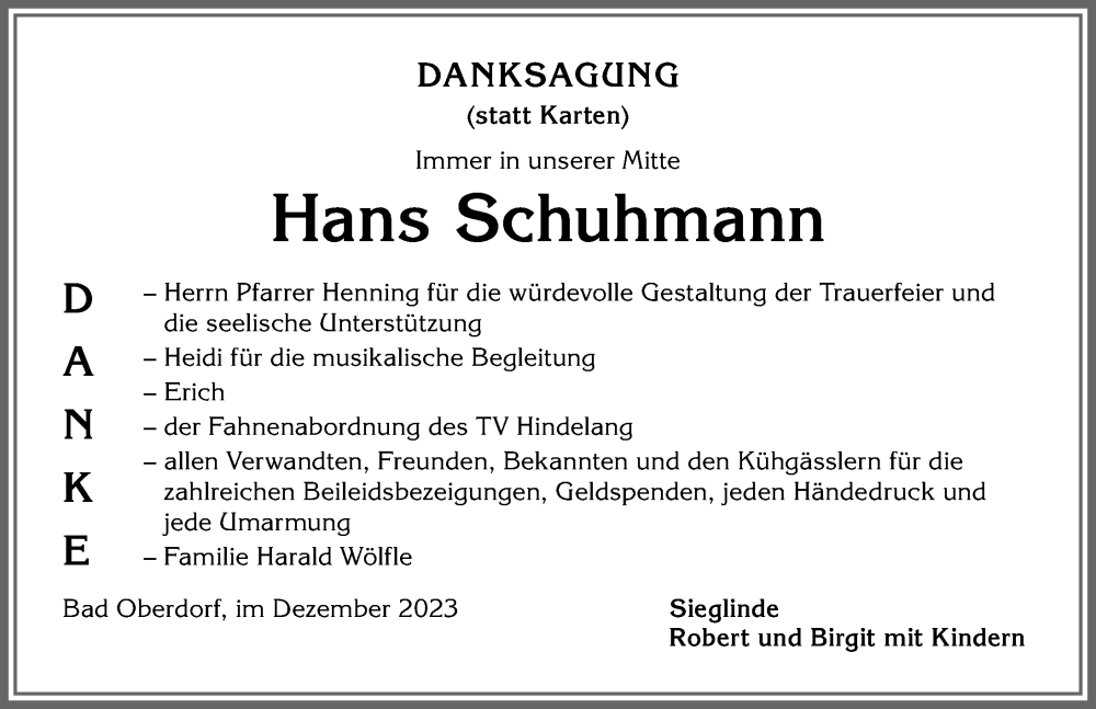 Traueranzeige von Hans Schuhmann von Allgäuer Anzeigeblatt