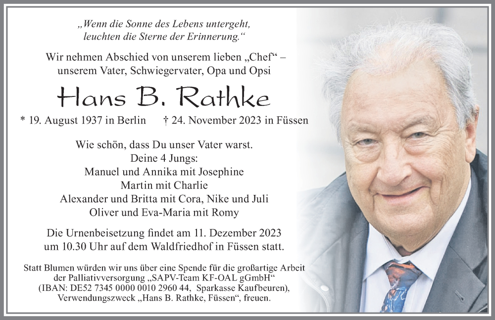 Traueranzeige von Hans B. Rathke von Allgäuer Zeitung, Füssen