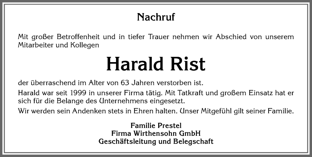 Traueranzeige von Harald Rist von Allgäuer Zeitung,Kempten