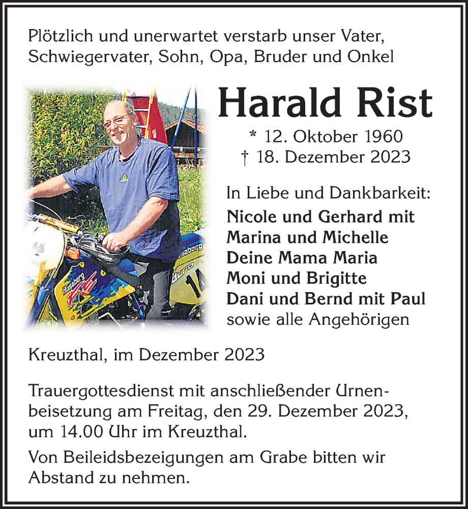 Traueranzeige von Harald Rist von Allgäuer Zeitung,Kempten