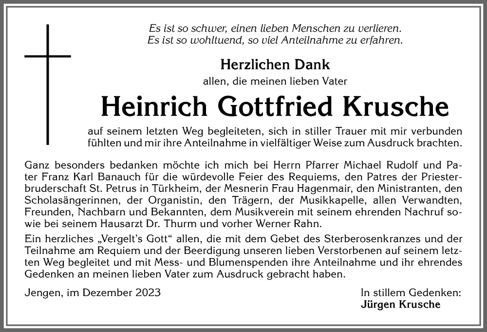 Traueranzeige von Heinrich Gottfried Krusche von Allgäuer Zeitung, Kaufbeuren/Buchloe