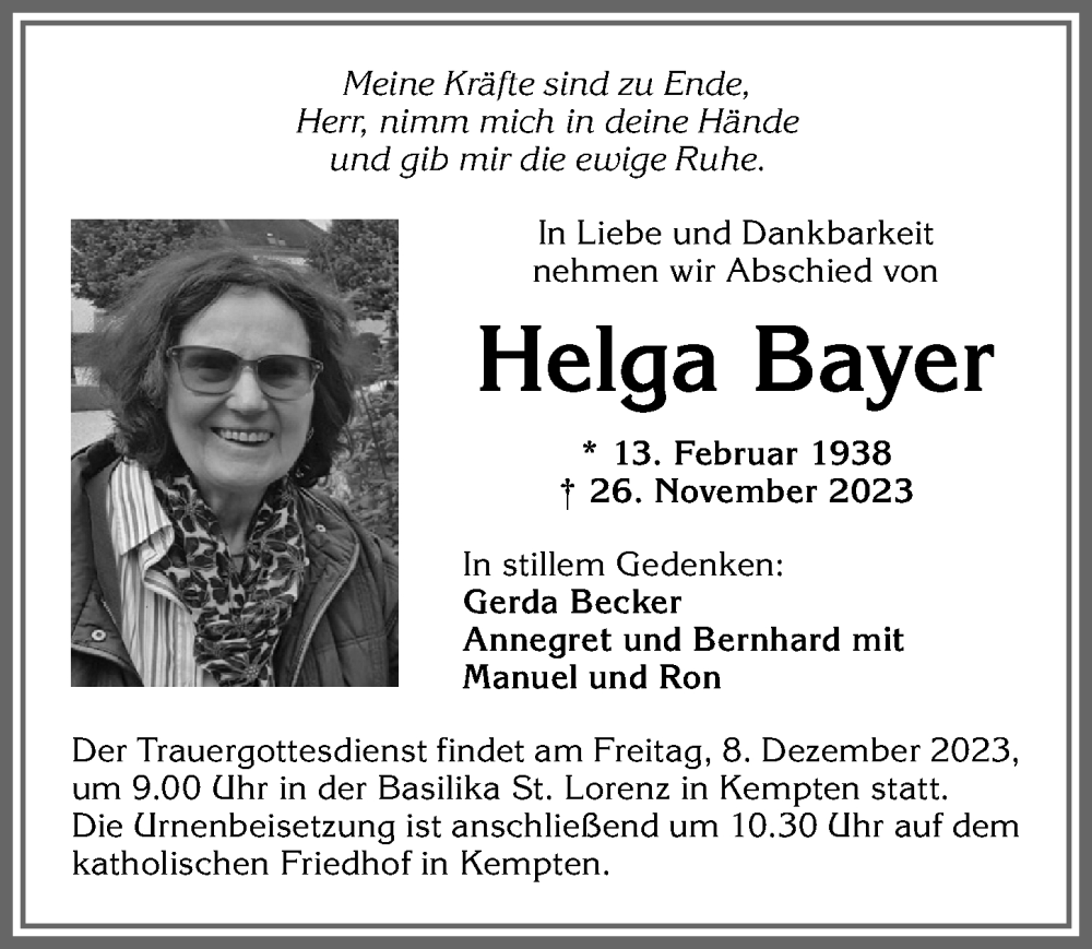 Traueranzeige von Helga Bayer von Allgäuer Zeitung,Kempten