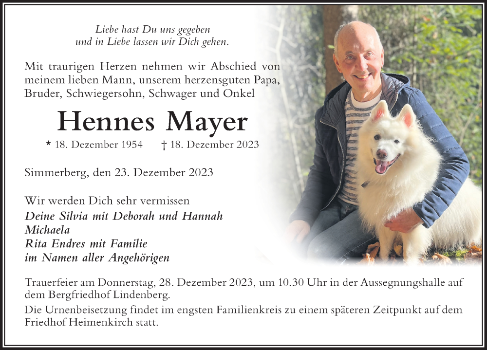 Traueranzeige von Hennes Mayer von Der Westallgäuer