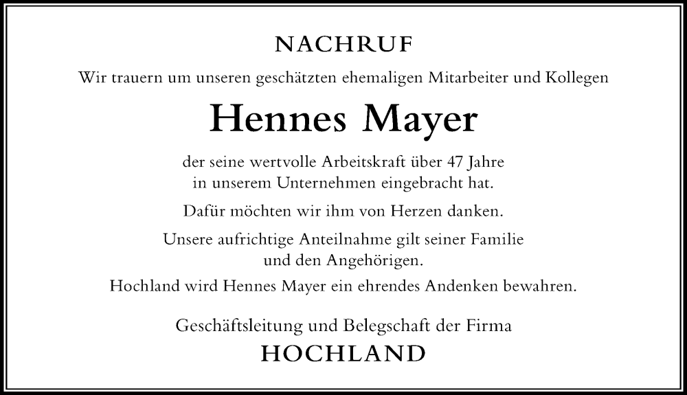 Traueranzeige von Hennes Mayer von Der Westallgäuer