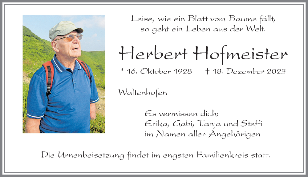 Traueranzeige von Herbert Hofmeister von Allgäuer Zeitung,Kempten