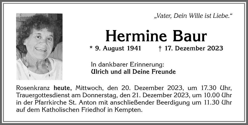 Traueranzeige von Hermine Baur von Allgäuer Zeitung,Kempten