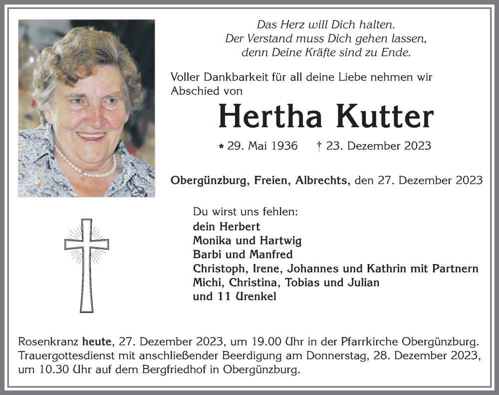 Traueranzeige von Hertha Kutter von Allgäuer Zeitung, Marktoberdorf