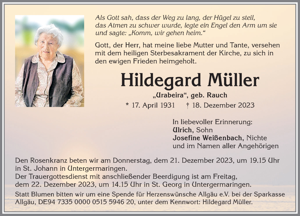 Traueranzeige von Hildegard Müller von Allgäuer Zeitung, Kaufbeuren/Buchloe