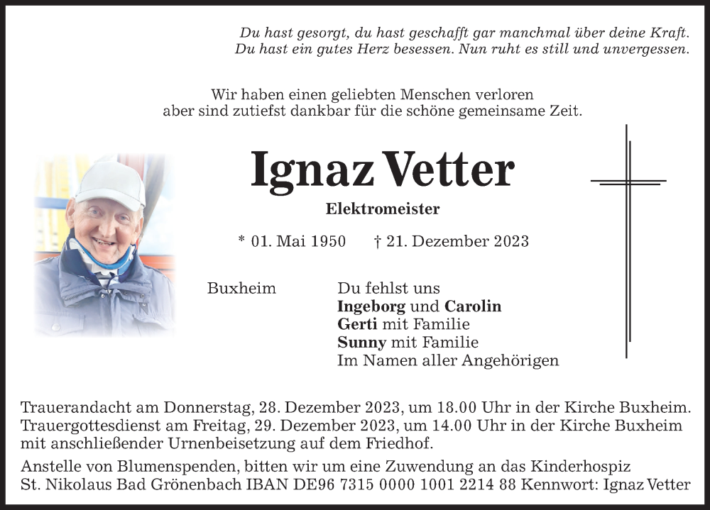 Traueranzeige von Ignaz Vetter von Memminger Zeitung