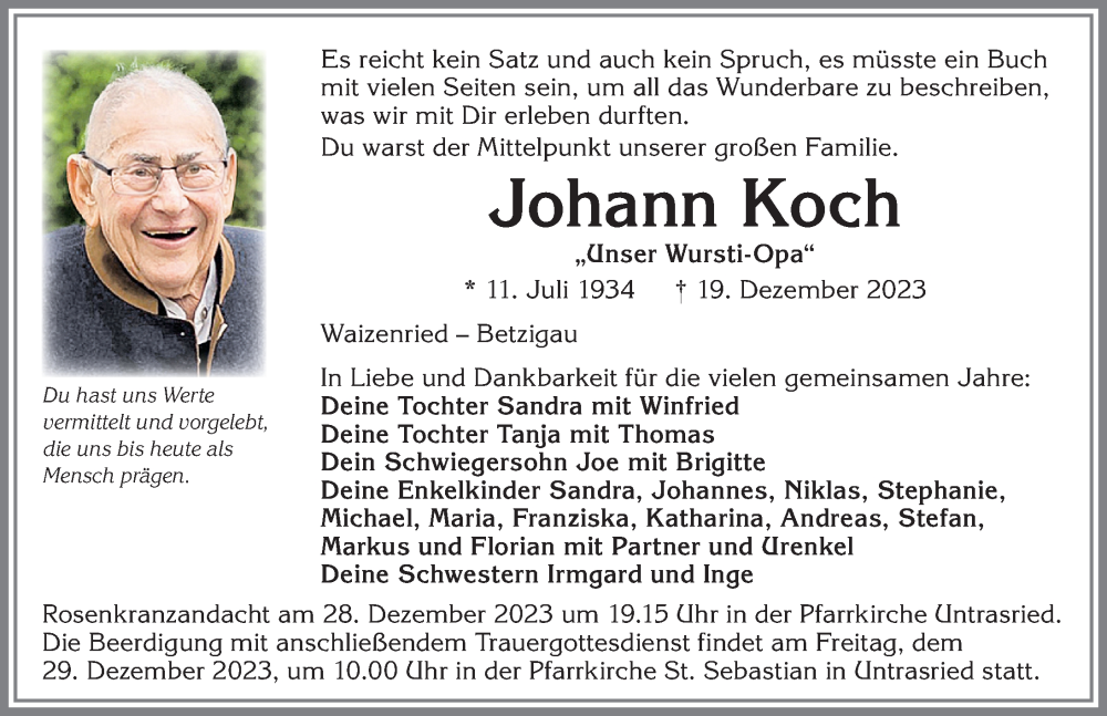 Traueranzeige von Johann Koch von Allgäuer Zeitung, Gesamtausgabe