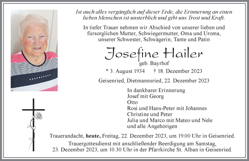 Traueranzeige von Josefine Hailer von Allgäuer Zeitung, Marktoberdorf