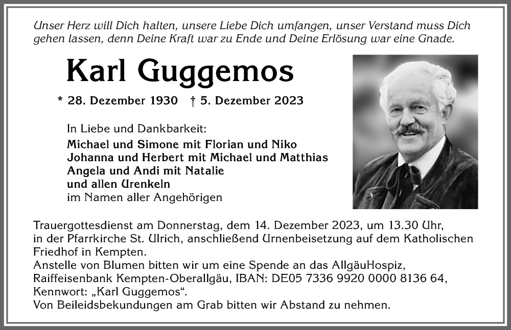 Traueranzeige von Karl Guggemos von Allgäuer Zeitung,Kempten