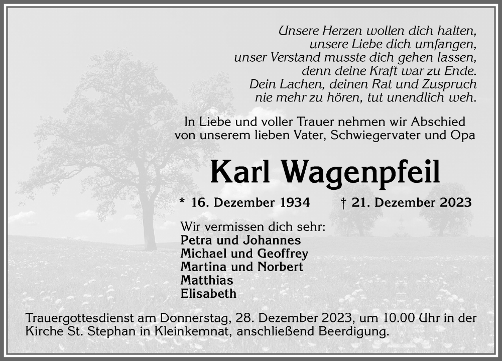 Traueranzeige von Karl Wagenpfeil von Allgäuer Zeitung, Kaufbeuren/Buchloe