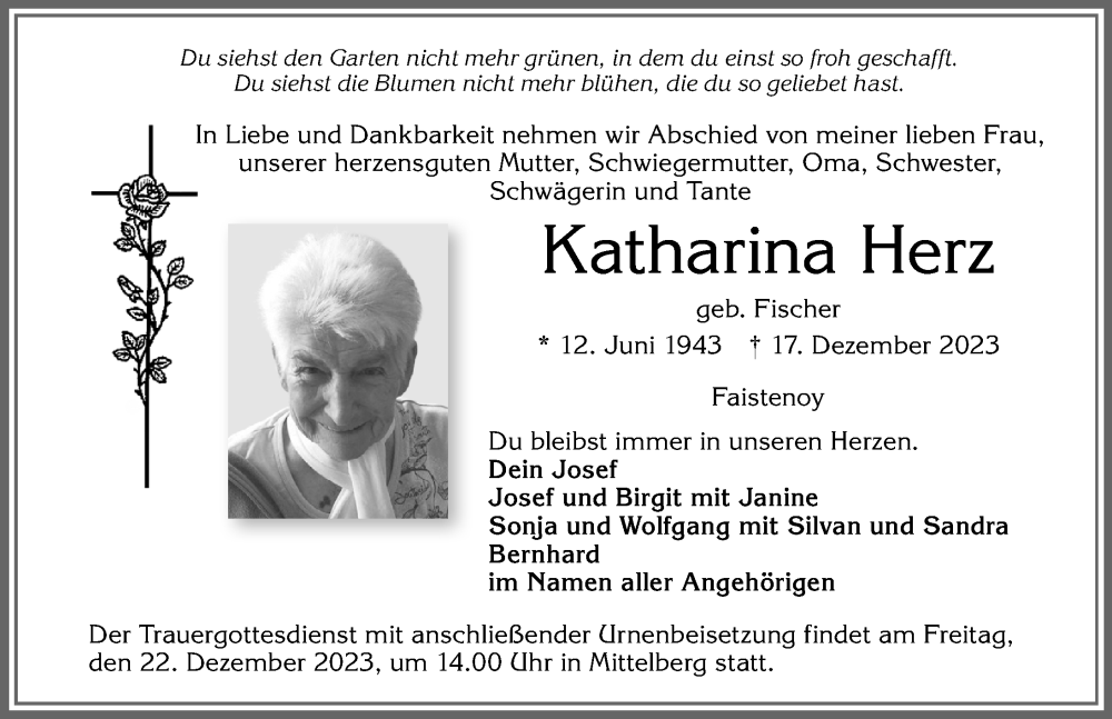 Traueranzeige von Katharina Herz von Allgäuer Zeitung,Kempten