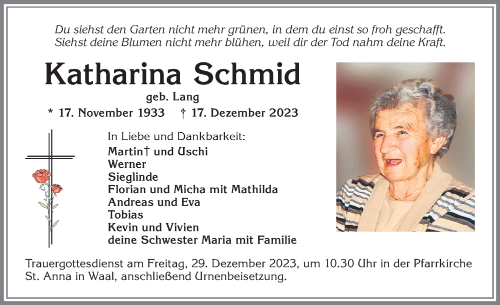 Traueranzeige von Katharina Schmid von Allgäuer Zeitung, Kaufbeuren/Buchloe