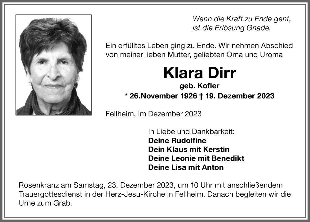 Traueranzeige von Klara Dirr von Memminger Zeitung