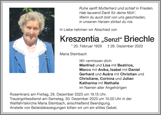 Traueranzeige von Kreszentia Briechle von Memminger Zeitung