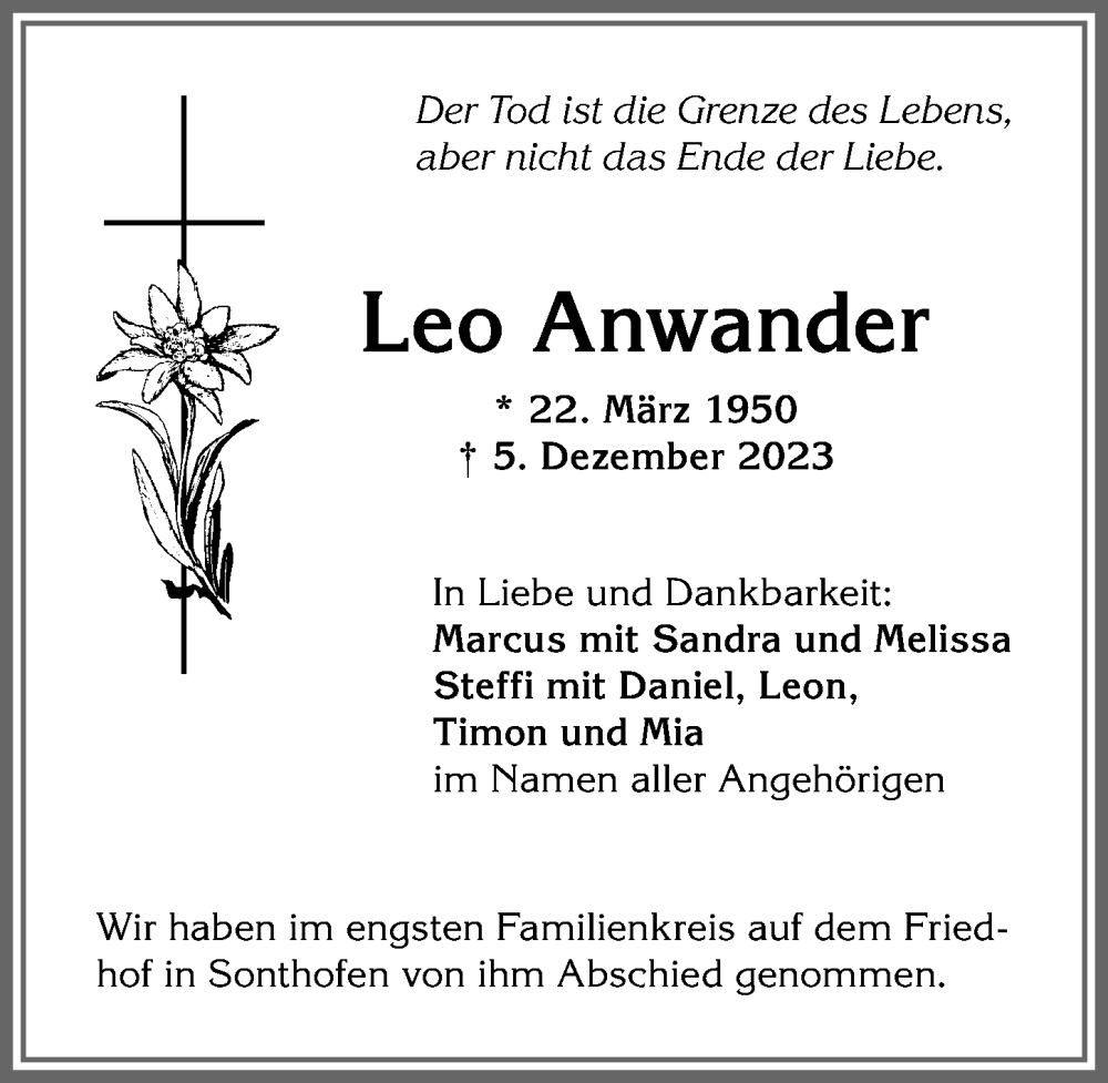 Traueranzeige von Leo Anwander von Allgäuer Anzeigeblatt