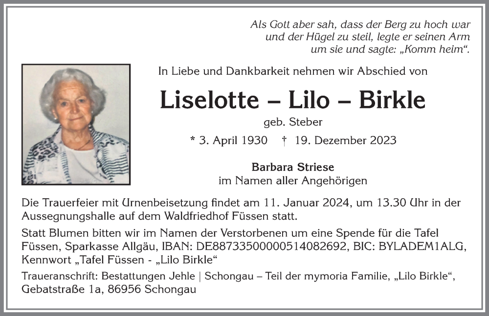 Traueranzeige von Liselotte Birkle von Allgäuer Zeitung, Füssen