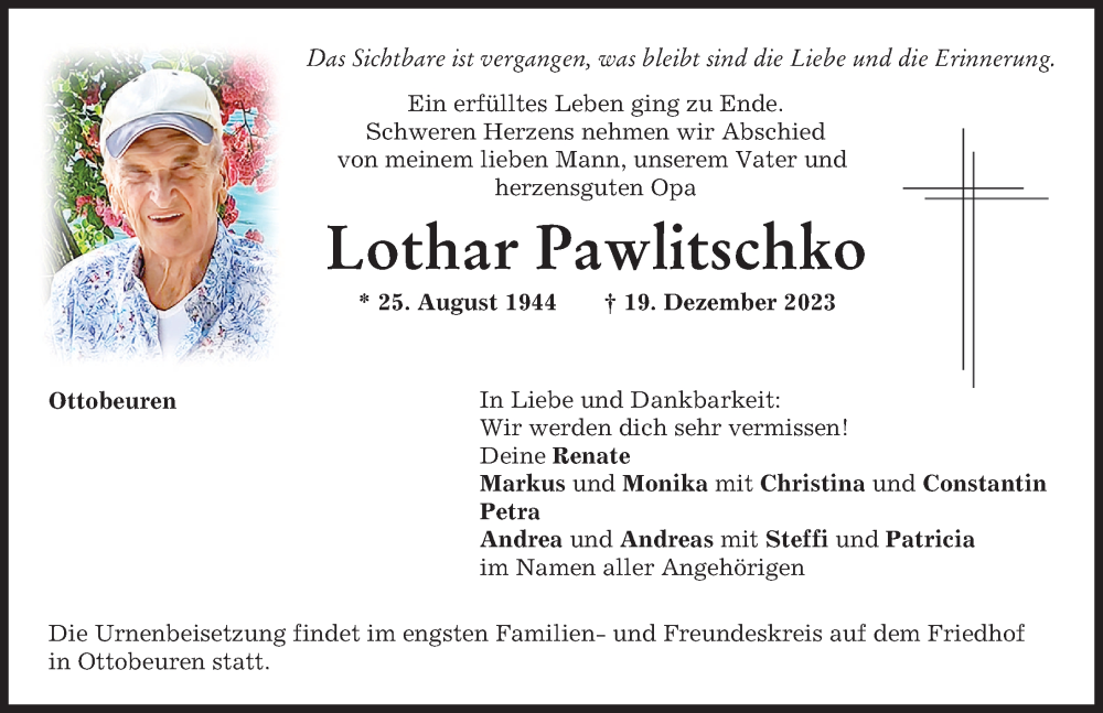 Traueranzeige von Lothar Pawlitschko von Memminger Zeitung